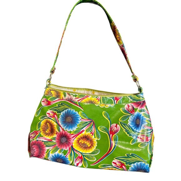 Floral Green Oilcloth Shoulder Bag With Yellow Polka Dot Lining & Zipper Closure - Picture 2 of 6